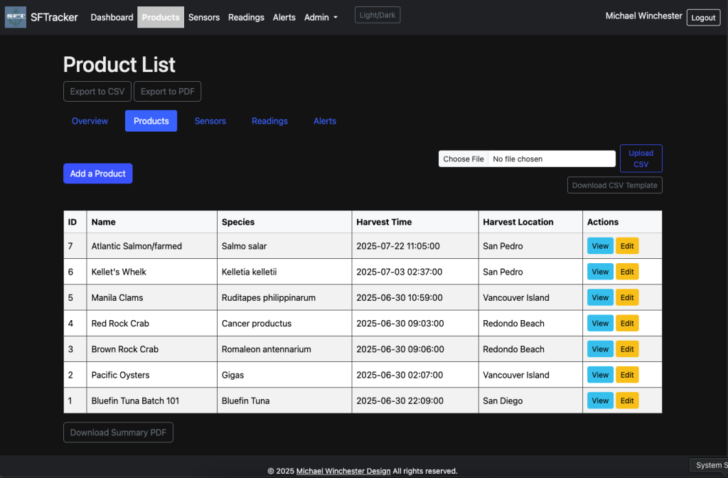 Product list page where you can add, edit, and view what products are in the database