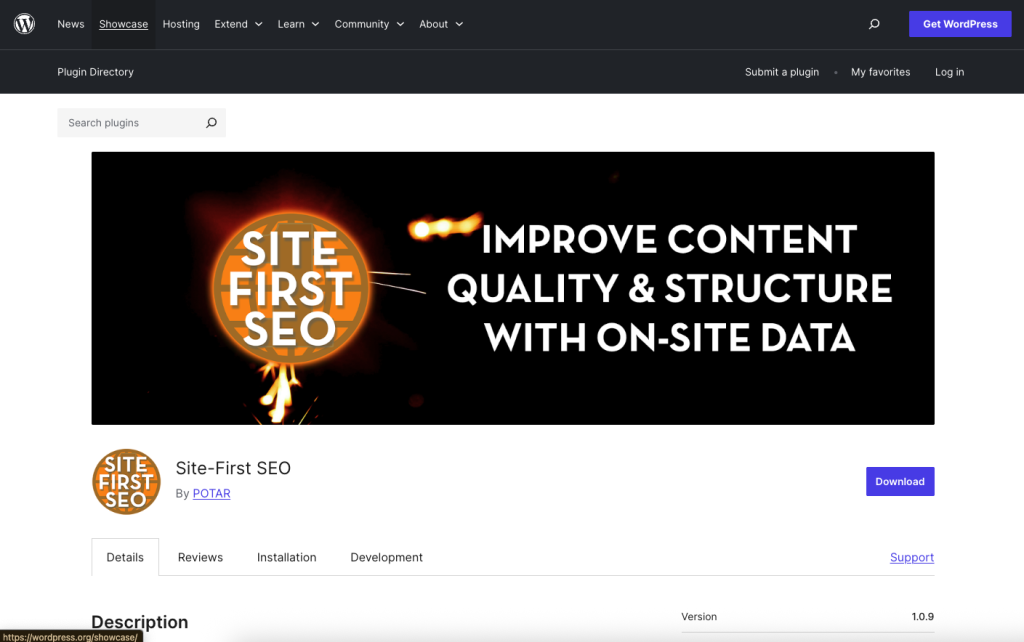 Screenshot showing the Site-First SEO plugin available through WordPress